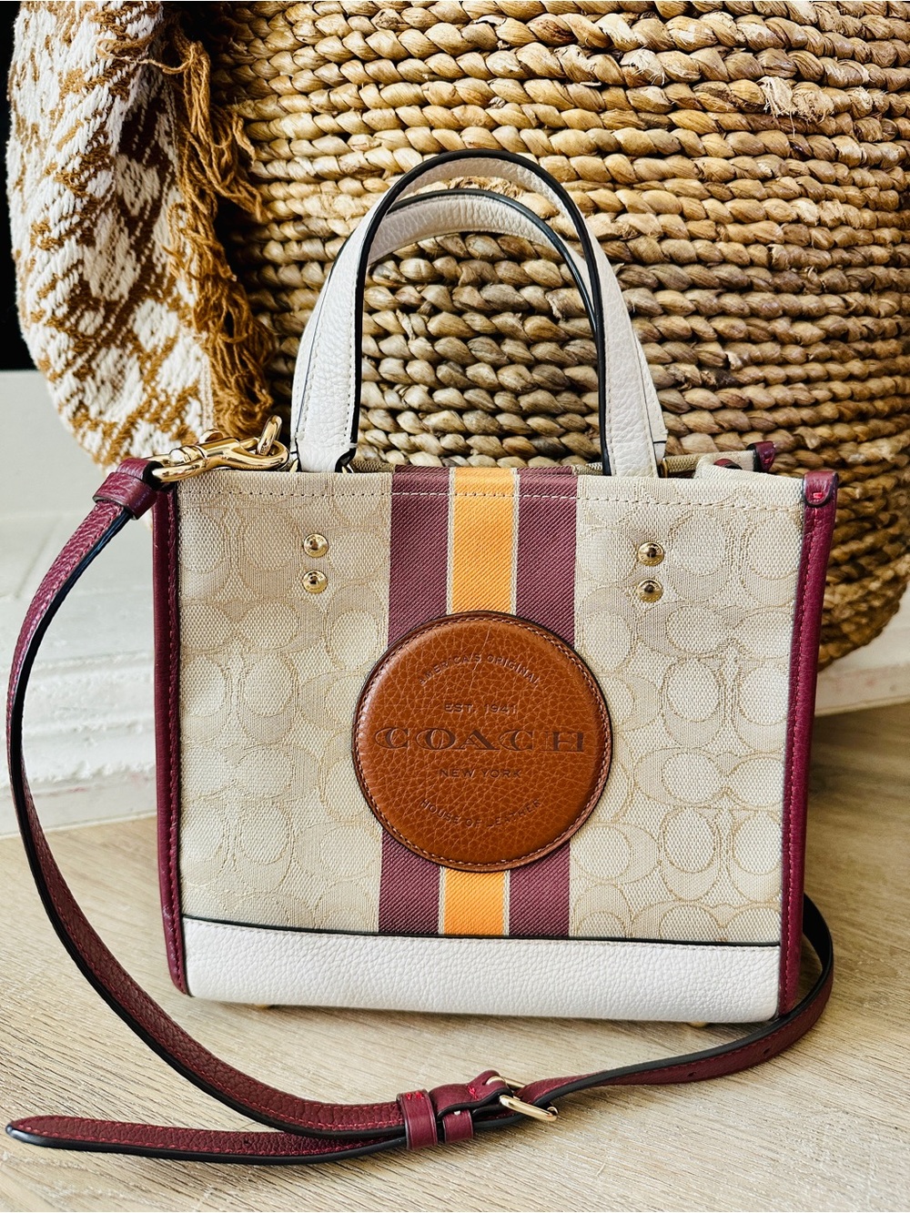 COACH Coach Dempsey Tote 22 In Signature Jacquard Burgundy, Beige, & Yellow